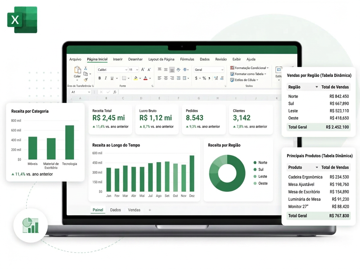 Painel de Excel com gráficos e tabela dinâmica de vendas